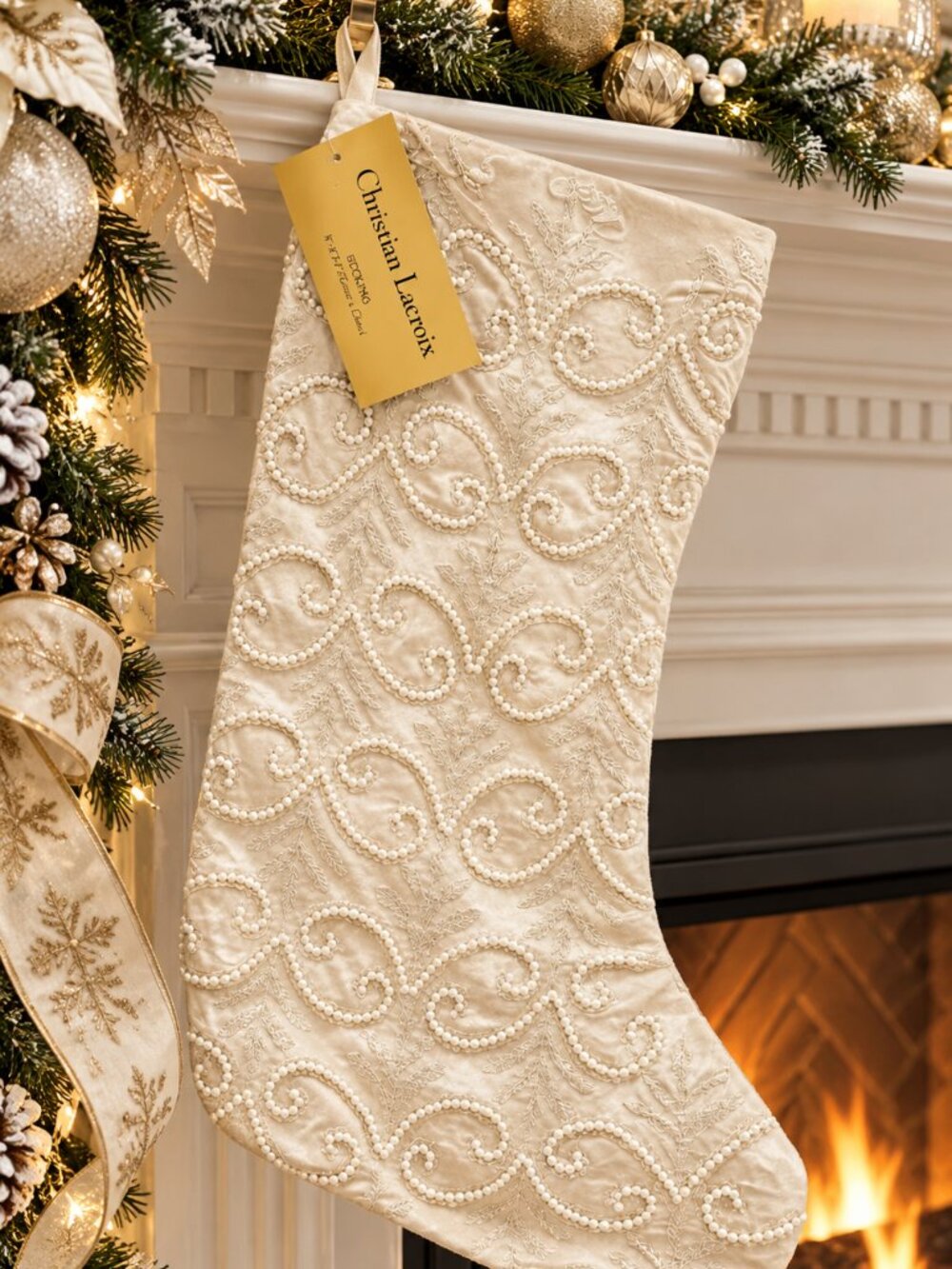 Christian Lacroix Christmas Stocking Beige Velvet Lined Beaded Front 22" Luxury